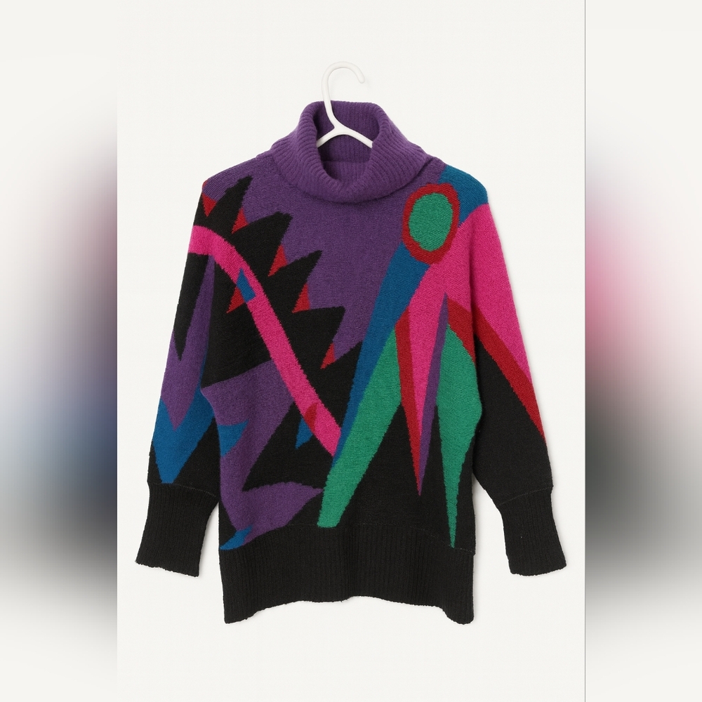 Vintage Demaro Silk Angora Geometric Turtleneck Sweater – Bold Abstract Print